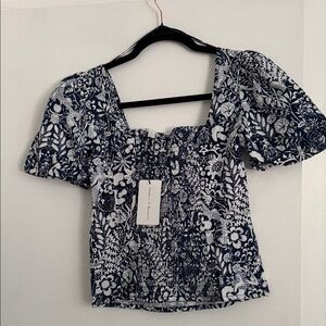 Chelsea & Theodore Navy and White Floral Smocked Square-Neck Top